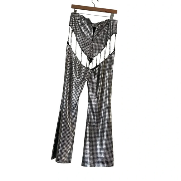 Finesse Sadie Cut-Out Metallic Silver Flare Pants Disco Chains Sz M Burning Man - Picture 2 of 13
